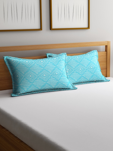 

NEUDIS Set Of 2 Turquoise Blue & White Woven Design Pillow Covers