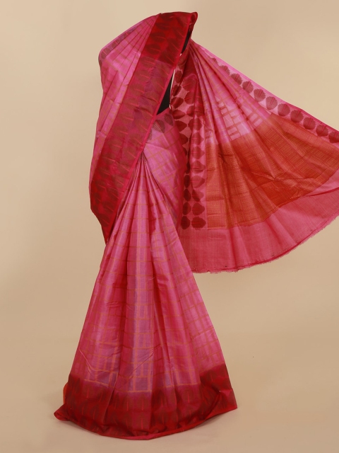 

Pothys Pink & Red Jute Silk Checked Tussar Saree