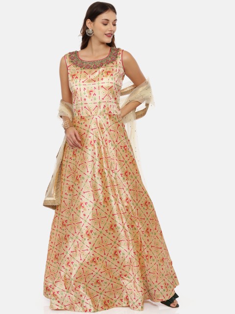 

Neerus Women Beige Printed Silk Anarkali Kurta with Trousers & Dupatta