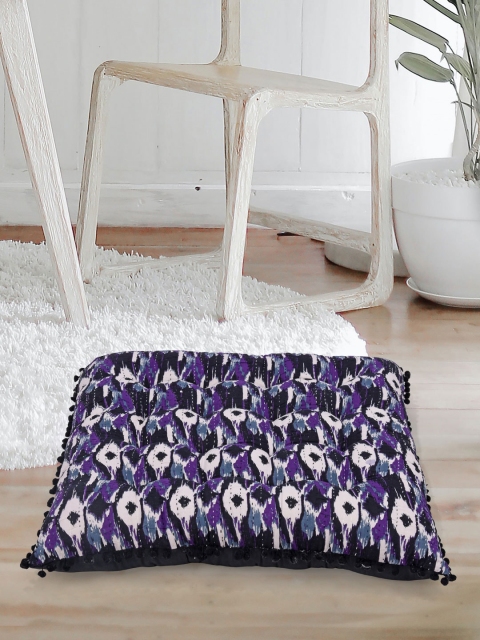 

Tistabene Black & Blue Ikat Printed Pom-Pom Trim Square Cushion With Filling