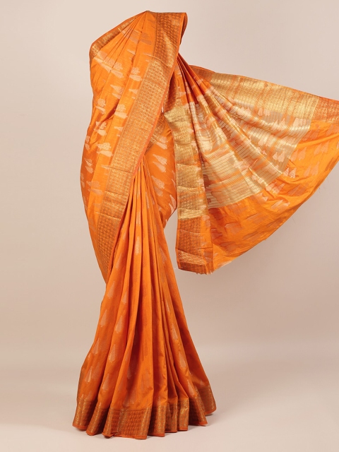 

Pothys Mustard Orange & Gold-Toned Jute Silk Woven Design Saree