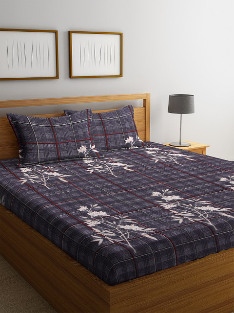 

NEUDIS Grey Floral 180 TC Polycotton 1 King Bedsheet with 2 Pillow Covers