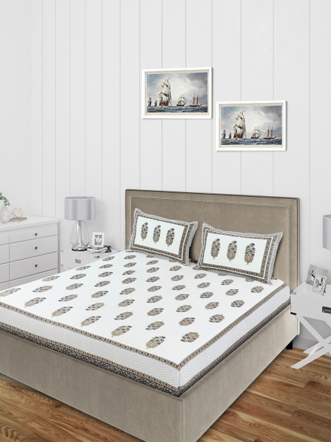 

Salona Bichona White & Brown Ethnic Motifs 120 TC Cotton 1 Queen Bedsheet With 2 Pillow Covers