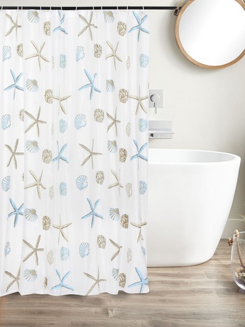 

Clasiko White & Beige Printed Shower Curtains With Hooks