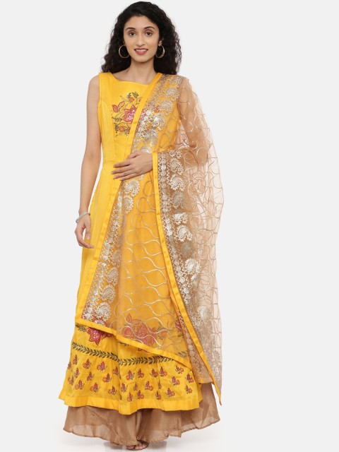 

Neerus Women Mustard Embroidered Kurti with Churidar & Dupatta