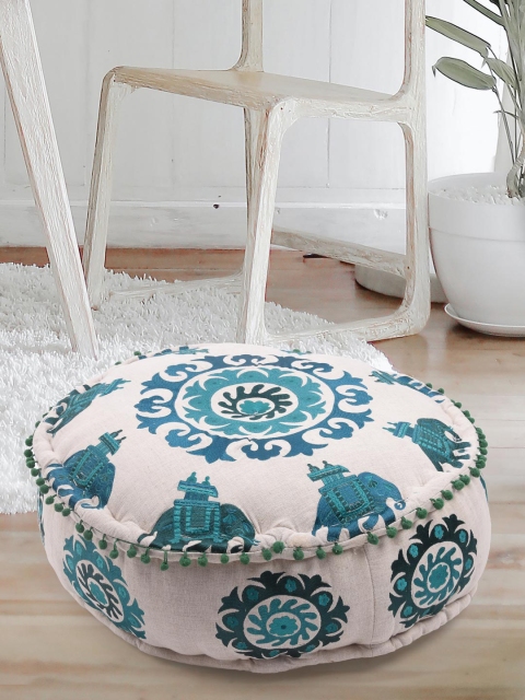

Tistabene Teal-Green & White Elephant Embroided Floor Cushion