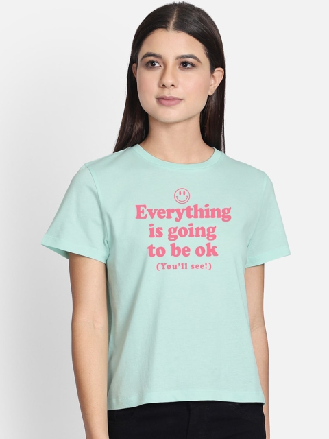 

Free Authority Women Green Pink Printed Round Neck Pure Cotton T-shirt