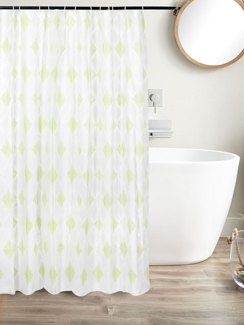

Clasiko White & Green Printed Shower Curtains With Hooks