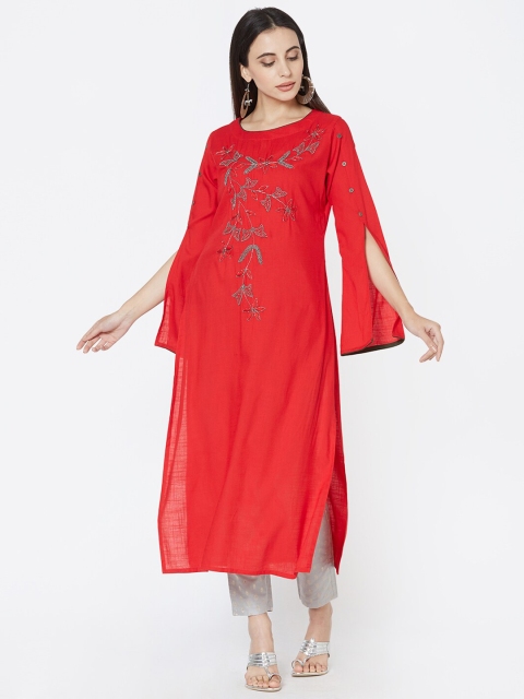 

FASHOR Women Red & Grey Embroidered Straight Kurta
