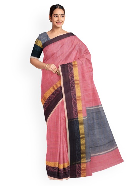 

KLM Fashion Mall Peach-Coloured Solid Linen Blend Saree