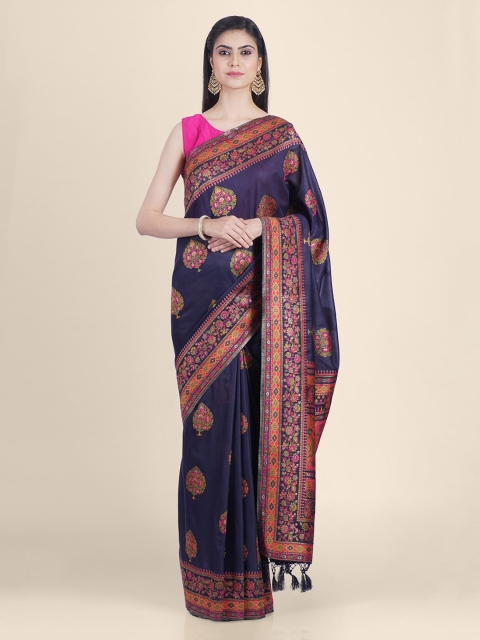 

Kasat Blue & Red Pure Silk Printed Handloom Tussar Saree, Navy blue