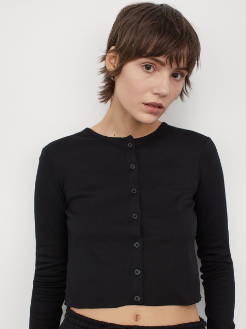 

H&M Women Black Solid Button-Front Cardigan