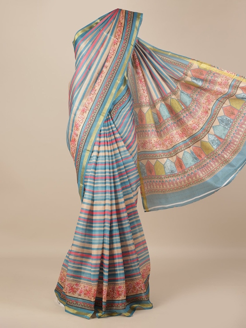 

Pothys Blue & Orange Jute Silk Striped Saree