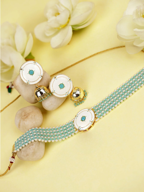 

Priyaasi Gold-Toned Blue & White Beaded Handcrafted Jewellery Set