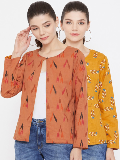

Color Cocktail Women Mustard Yellow & Brown Printed Reversible Open Front Jacket