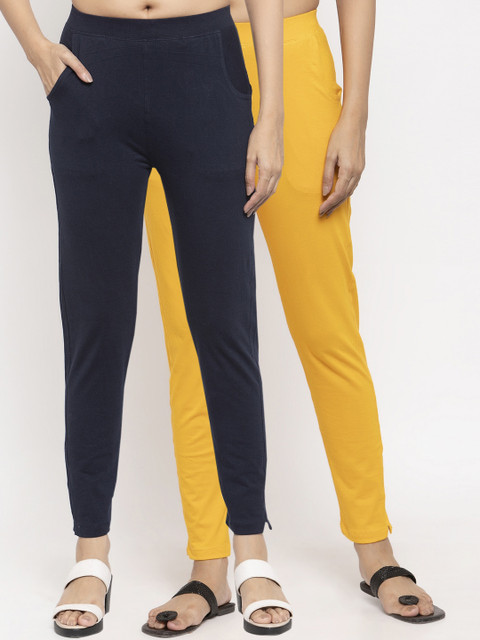 

NEUDIS Women Pack of 2 Solid Ankle Length Leggings, Yellow