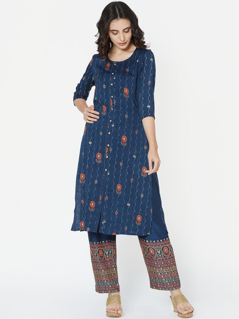 

FASHOR Women Blue Printed Kurta with Trousers