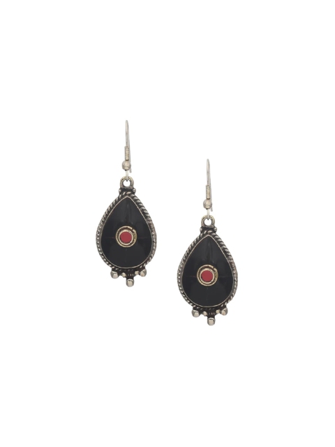 

Bodh Design Silver-Toned & Black German Silver Contemporary Drop Earrings
