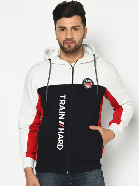 

Octave Men White & Navy Blue Colourblocked Hooded Sweatshirt