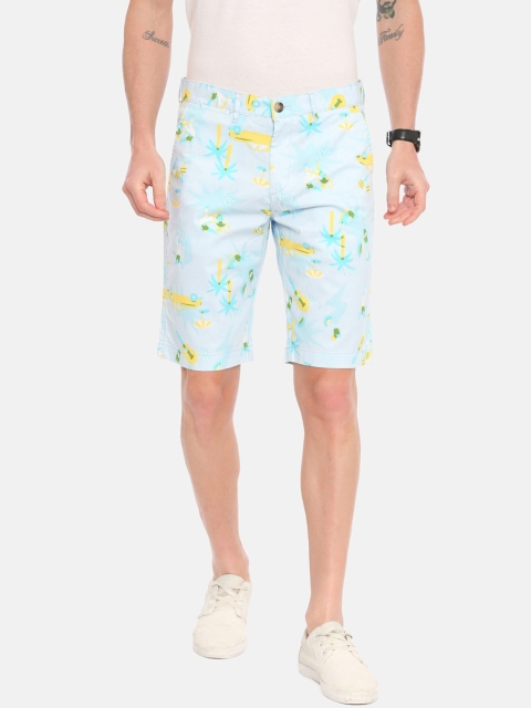

IMYOUNG Men Sea Green & Yellow Printed Slim Fit Regular Shorts