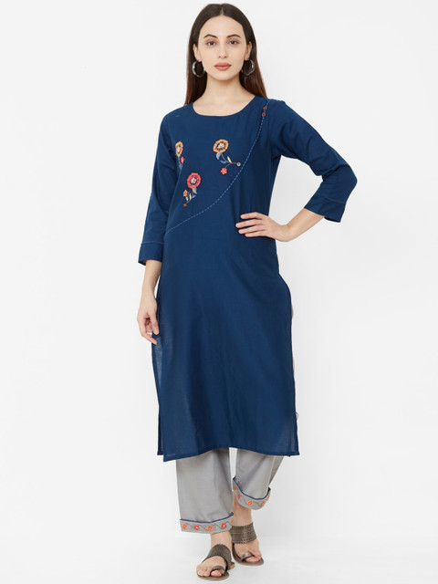 

Os Women Teal & Grey Embroidered Kurta with Palazzos