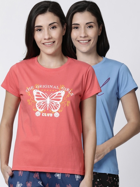 

Kryptic Women Pack Of 2 Blue & Peach Printed Lounge T-Shirt