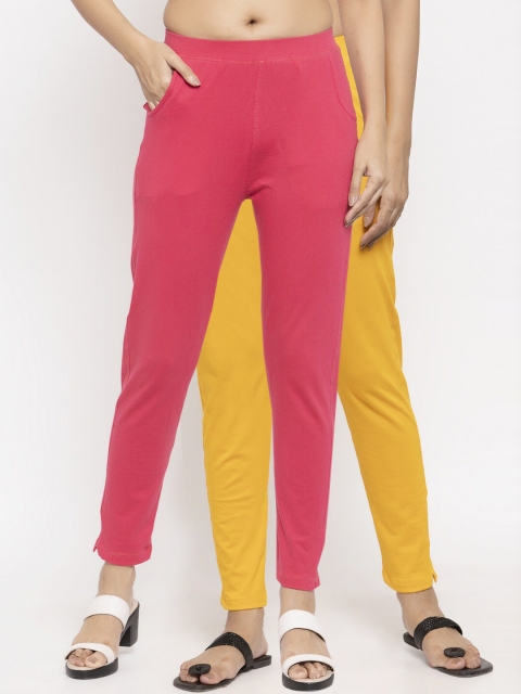 

NEUDIS Women Pack Of 2 Solid Ankle-Length Leggings, Yellow