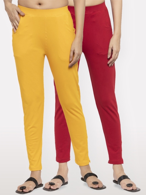 

NEUDIS Women Pack of 2 Yellow & Red Solid Ankle-Length Leggings