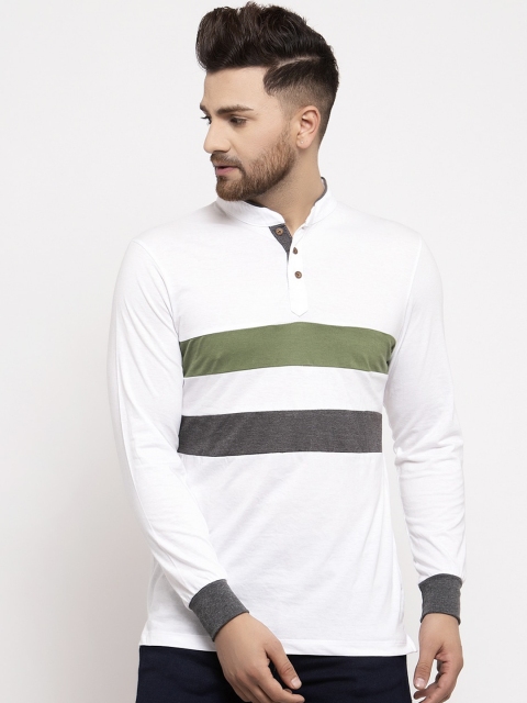

Kalt Men White & Green Striped Mandarin Collar T-shirt