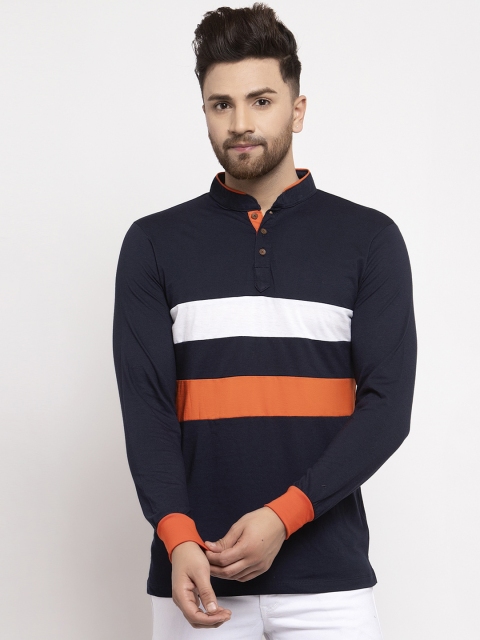 

Kalt Men Navy Blue & White Striped Mandarin Collar T-shirt