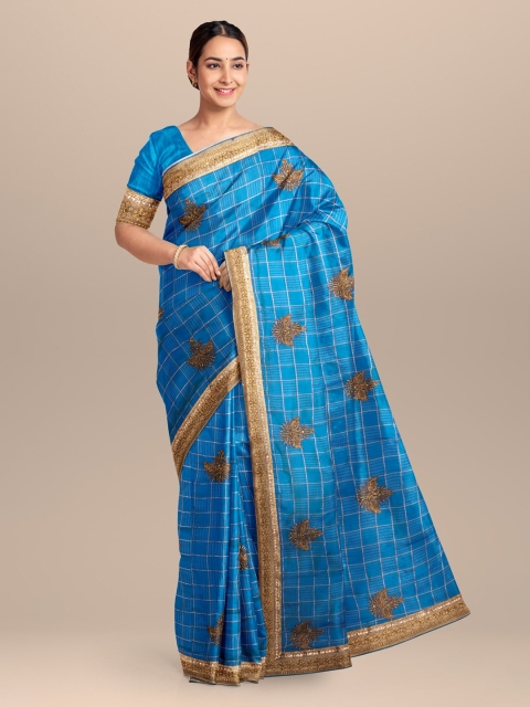 

KLM Fashion Mall Blue Checked Silk Blend Saree
