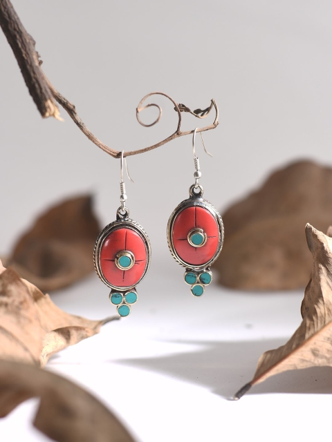

Bodh Design Silver-Toned & Red Contemporary Drop Earrings