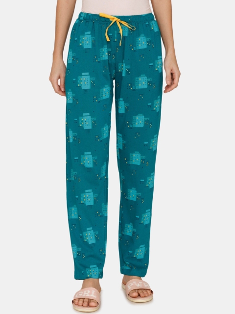 

Zivame Women Turquoise Blue City Lights Printed Antiviral Finish Cotton Lounge Pants