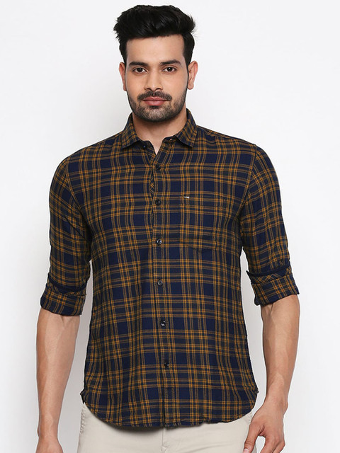 

Killer Men Mustard & Navy Blue Slim Fit Checked Casual Shirt