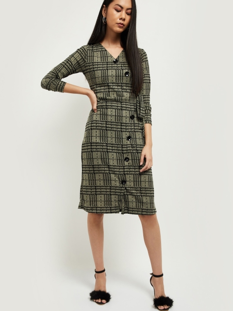 

max Women Olive Green & Black Checked Sheath Dress