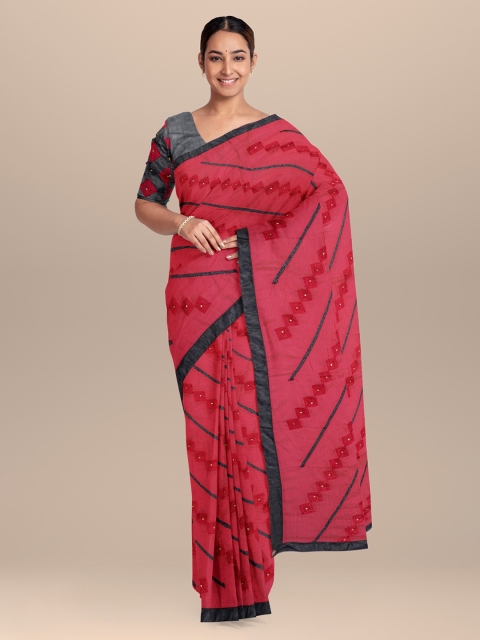 

KLM Fashion Mall Coral Striped Silk Blend Saree