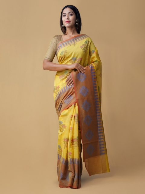 

Unnati Silks Yellow Silk Cotton Printed Banarasi Saree