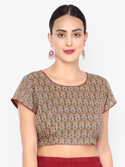 

Molcha Women Brown & Maroon Ajrak Printed Non-Padded Readymade Saree Blouse