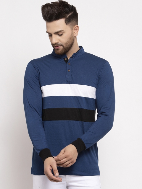 

Kalt Men Blue Striped Mandarin Collar T-shirt
