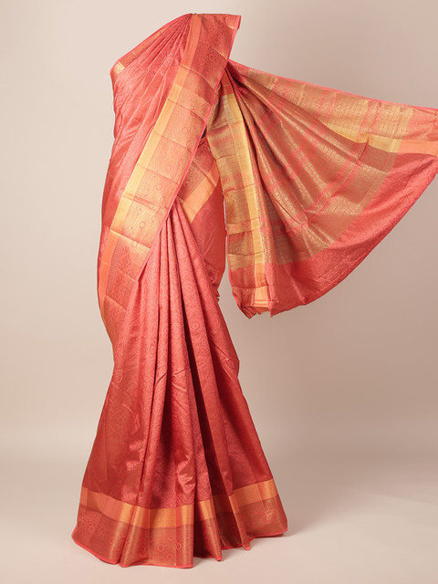 

Pothys Peach-Coloured & Gold-Toned Jute Silk Printed Saree