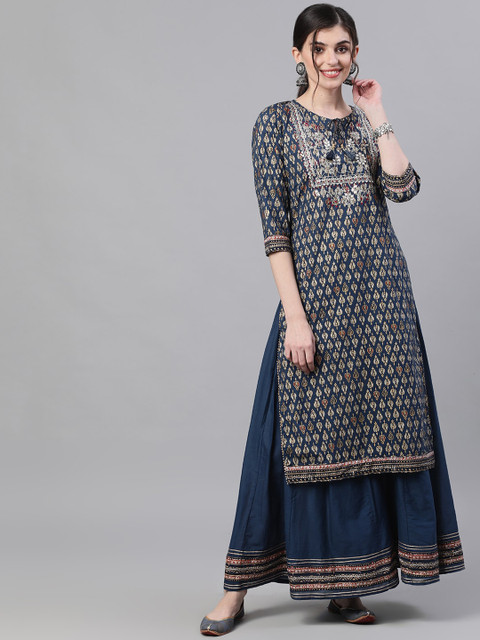 

Ishin DESIGNER STUDIO Women Navy Blue & Gold-Toned Printed Kurta with Skirt
