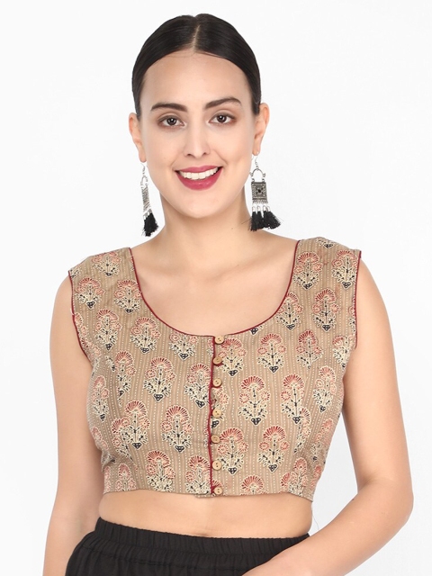 

Molcha Women Beige Printed Ajrak Saree Blouse