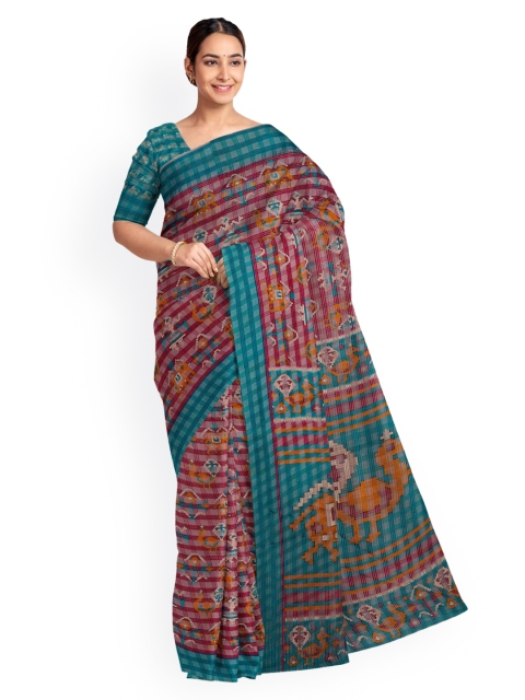 

KLM Fashion Mall Pink & Blue Silk Blend Printed Saree