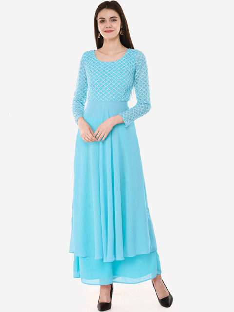 

V&M Women Turquoise Blue & Silver-Coloured Self Design Kurta with Palazzos