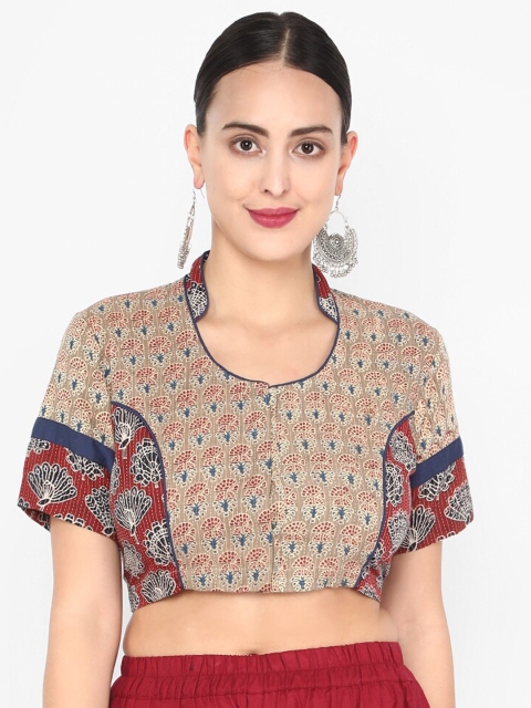 

Molcha Women Beige & Maroon Ajrak Printed Readymade Saree Blouse