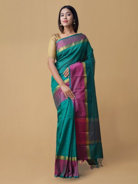 

Unnati Silks Green Silk Cotton Solid Handloom Chanderi Saree