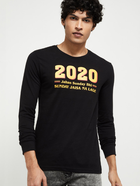 

max Men Black Printed Round Neck Cotton Pure Cotton T-shirt