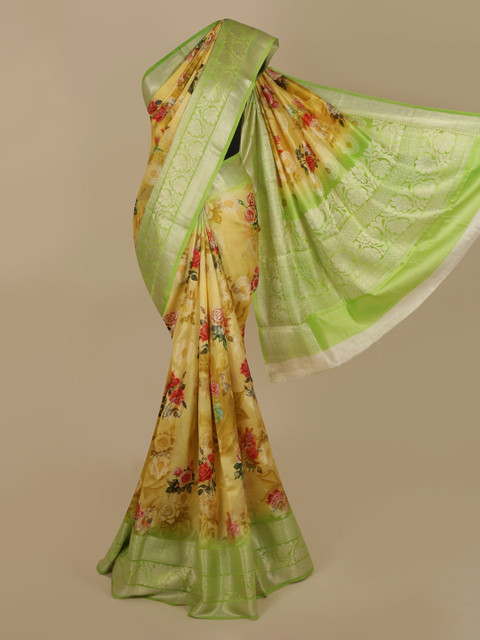 

Pothys Yellow & Green Jute Silk Printed Tussar Handloom Saree