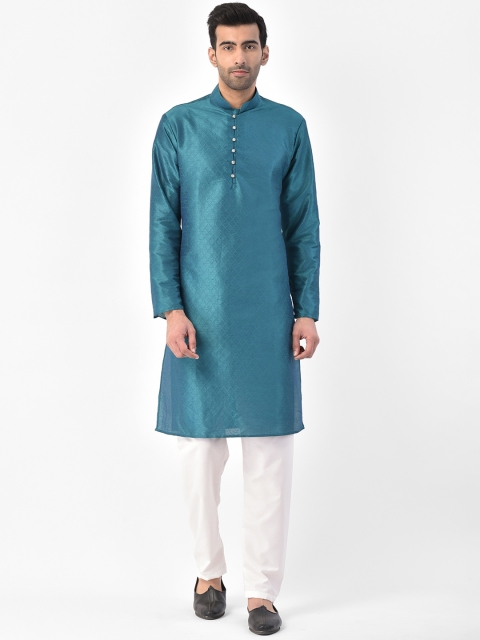 

SG LEMAN Men Turquoise Blue & White Self Design Kurta with Pyjamas