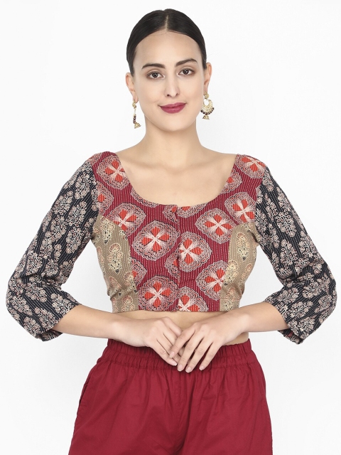 

Molcha Women Maroon & Black Ajrak Printed Saree Blouse